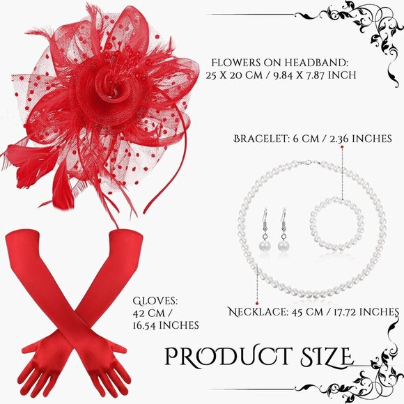 Women’s Fascinator Hat and Gloves Set Mesh Veil Pearl Jewelry for Tea Party - Picture 2 of 6